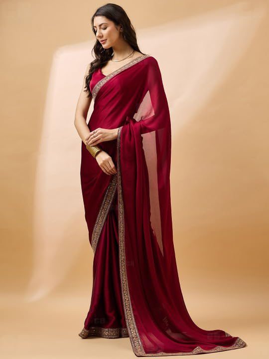 Cb-Colebrook Women'S Soft Satin Saree With Embroidered Sequin Border With Blouse Piece, Traditional Indian Ethnic Wear, Party, W