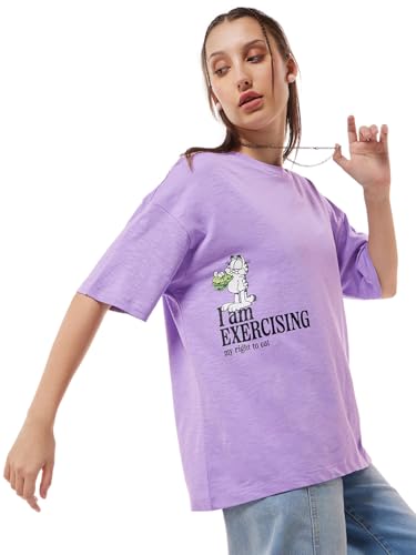 Bewakoof Air 1.0 Official Garfield Merchandise Womens Graphic Printed Oversized Fit Half Sleeve Round Neck Cotton Slub T-Shirt_