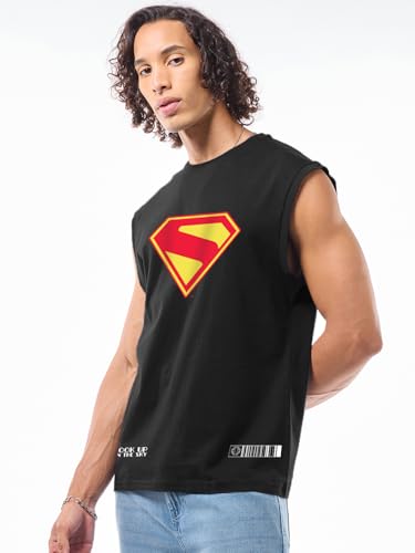 Bewakoof Official DC Merchandise Superman Mens Graphic Printed Oversized Fit Sleeveless Round Neck Pure Cotton Vest_677732_Blac