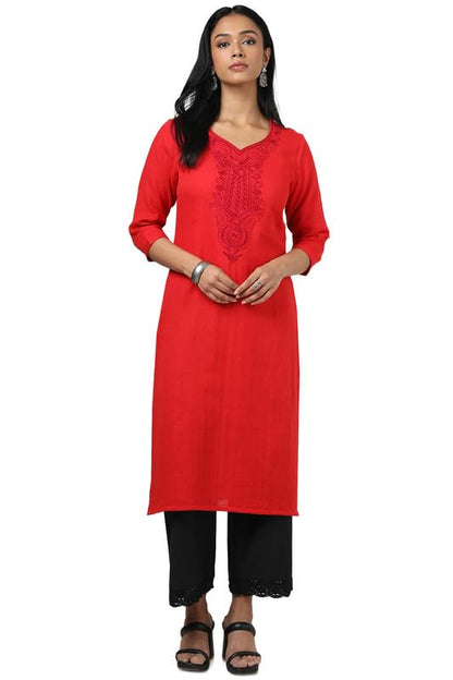 Soch Womens Red Cotton Embroidered Kurta with Thread Work