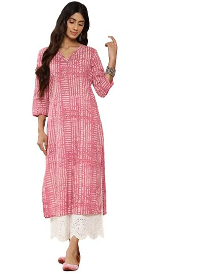 Pink 3/4Th Sleeve, V Neck, Printed Straight Kurta with Side Slits and Gota Detail at Sleeve and Neck.