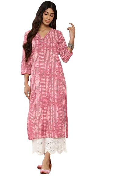 Pink 3/4Th Sleeve, V Neck, Printed Straight Kurta with Side Slits and Gota Detail at Sleeve and Neck.