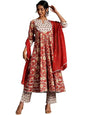 Pinkmint Womens Elegant Floral Anarkali Muslin Kurta Set& Straight Pant with Fancy Dupatta Fetive & Ethnic Suit Set Wear Red