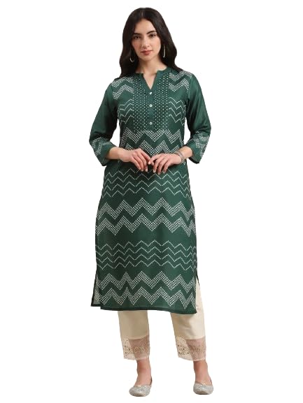 Varanga Green and Bandhej Mandarin Collar Straight Kurta.