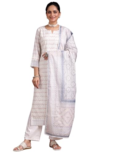 Libas Womens Embroidered Cotton Blend Straight Kurta With Palazzos And Dupatta