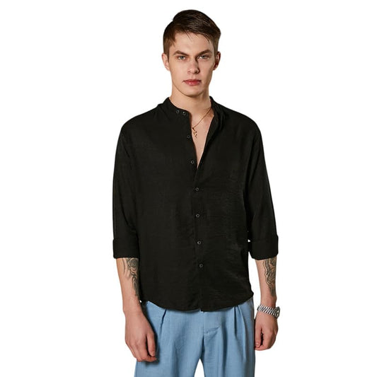 Campus Sutra Mens Obsidian Black Breezy Mandarin Shirt for Casual Wear | Mandarin Collar | Long Cuffed Sleeves | Button Closure