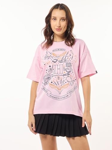 Bewakoof Heavy Duty 1.0 Official Harry Potter Merchandise Hogwarts Sigil Womens Graphic Print Oversized Fit Half Sleeve Round N