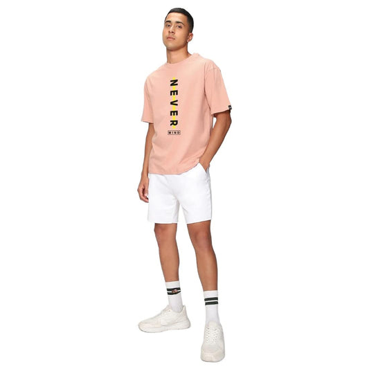 Bewakoof Mens Never Mind Stripe Typography 100% Cotton T-Shirt- Oversized Fit, Round Neck, Half Sleeves Pink