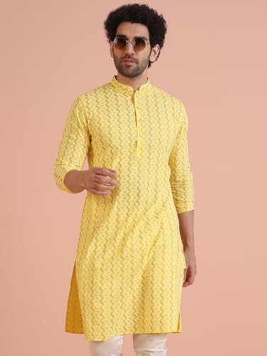 Kisah Men Yellow White Printed Straight Kurta Full Sleaves, Knee Length, Straight, Regular Fit, Mandarin Collar Ethnic Wear