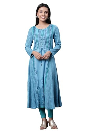 Aurelia Blue Printed Flared Kurta and Tights Winter Set