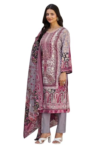 Varanga Women Ethnic Floral Mirror Embroidered Pakistani Kurta With Trouser & Dupatta