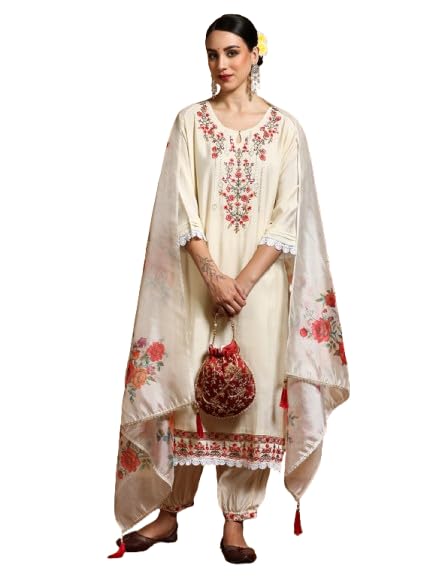 Varanga Women Floral Motif Thread Embroidered Yoke Kurta With Trouser & Dupatta