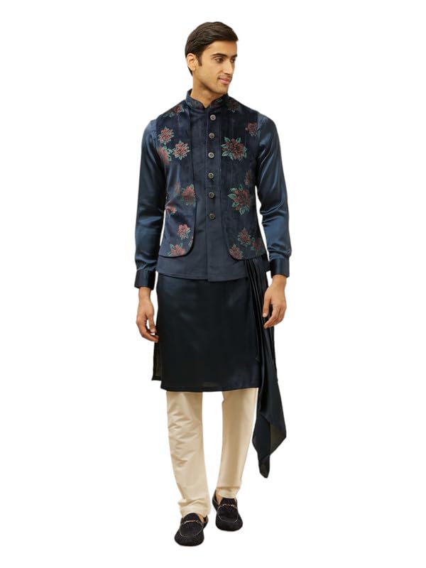 Manyavar Mens Blue Velvet Printed Kurta Pyjama Jacket Set
