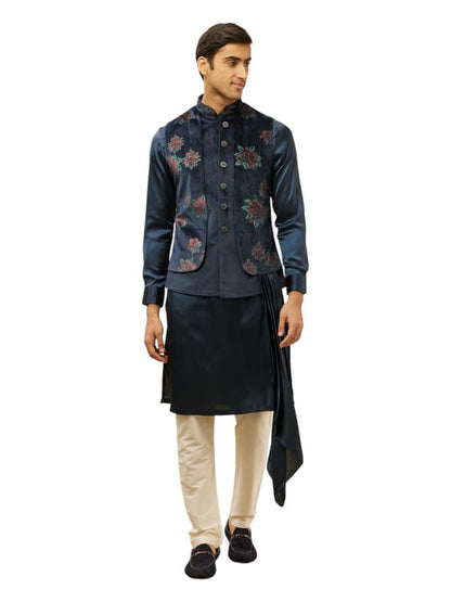 Manyavar Mens Blue Velvet Printed Kurta Pyjama Jacket Set