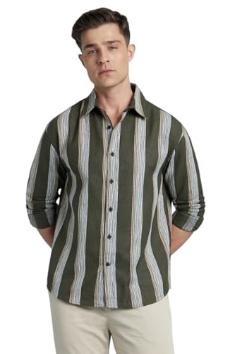 Dennis Lingo Men Cotton Blend Relaxed Fit Striped Shirts Olive