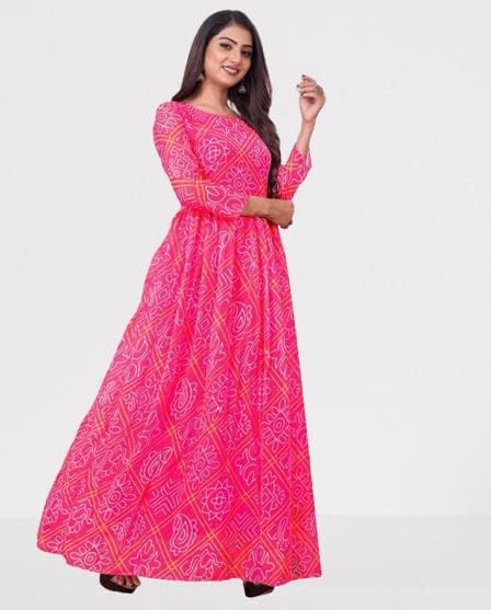 Anveri Textiles WomenS Georgette Fancy Bandhani Printed Gown Kurti With Round Neck 3/4 Sleeves Fit Flared Ankle Length | Maxi D