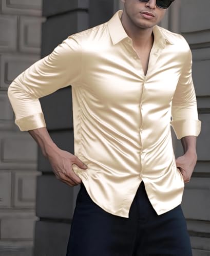 Indoprimo MenS Casual Button Down Long Sleeve Satin Plain Shirt Cream