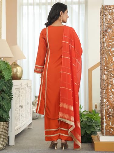 Greciilooks Elegant Orange Chanderi Silk Straight Suit Set For Women With Embroidered Kurta, Pants & Dupatta, Festive & Ethnic W