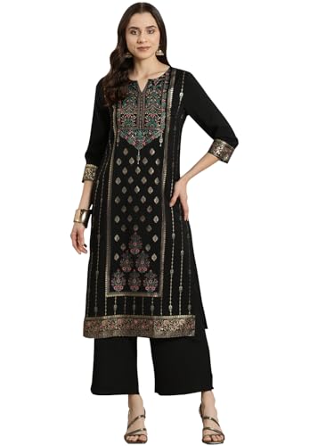 ZIYAA Women Black Color Crepe Straight Foil Printed Kurta And Palazzo Set