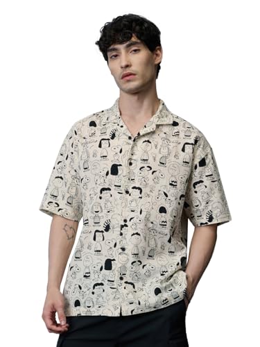 The Souled Store Peanuts: Characters Men and Boys Short Sleeves Collared Neck Button Front Off White All Over Printed Regular Fi