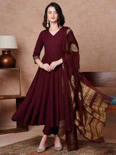 GoSriKi Anarkali Kurta Set with Trousers & Dupatta, Rayon Blend, Medium, Wine - Model MAGIC-NDM-GS