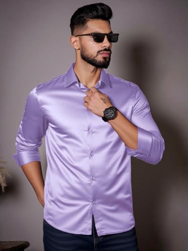 Indoprimo MenS Stylish Solid Satin Casual Shirt For Men Full Sleeve Lavender