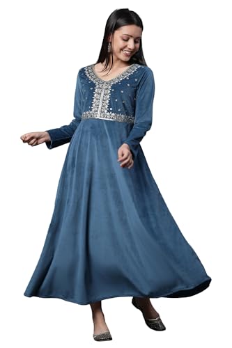 Aurelia Women'S Polyester A-Line Calf Length Dress (23Noa14740-606730_Corcia Blue