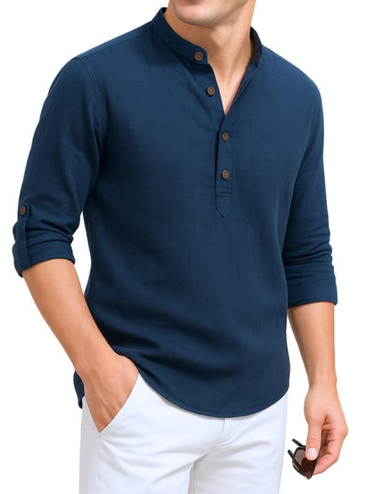 Deelmo MenS Cotton Blend Solid Regular Fit Full Sleeve Short Kurta | MenS Trendy Short Kurta Navy Blue
