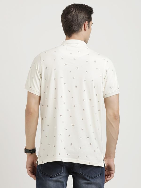 Turtle Men Knitted Cream Half Sleeve Casual Printed Polo Tshirt