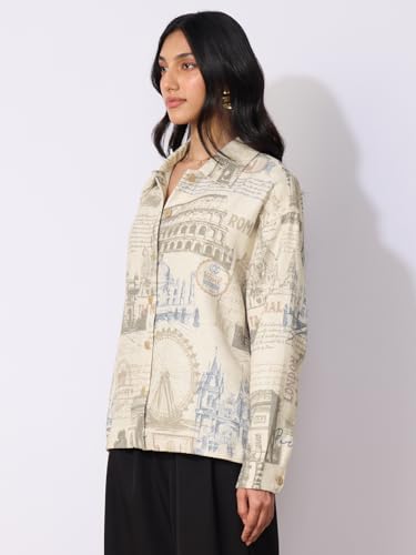 The Souled Store Monuments Women and Girls Long Sleeves Collared Neck Button Front Biege All Over Printed Cotton Boyfriend Shirt
