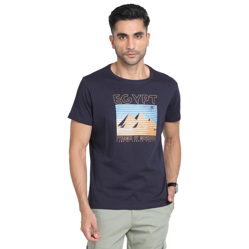 Turtle Men 100% Cotton Navy Blue Chest Printed Round Neck Half Sleeve Casual Essential T-Shirt