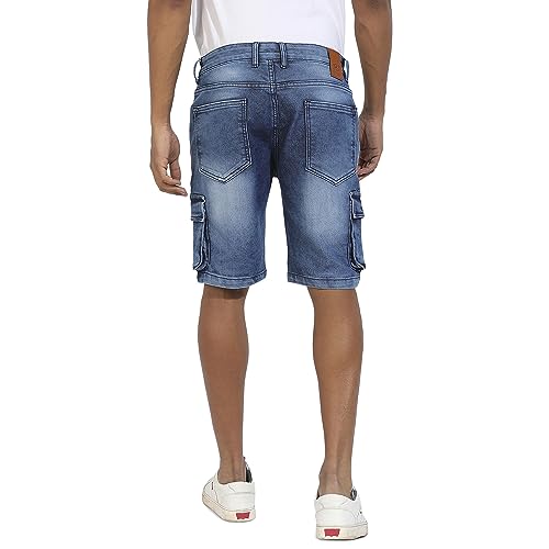 Campus Sutra MenS Blue Distressed Cargo Denim Shorts For Casual Wear | Medium-Wash Button Closure | Denim Denim Shorts Crafted