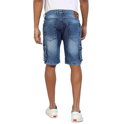 Campus Sutra MenS Blue Distressed Cargo Denim Shorts For Casual Wear | Medium-Wash Button Closure | Denim Denim Shorts Crafted