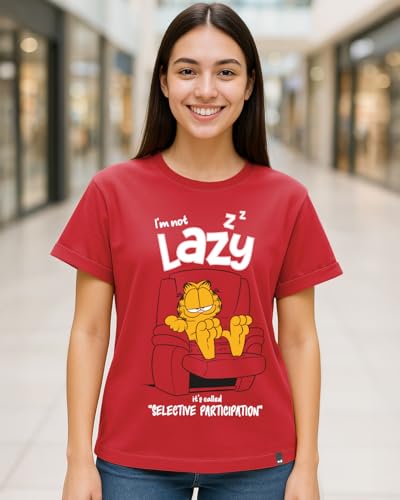 Bewakoof X Official Garfield Merchandise Womens Selective Participation Graphic Printed 100% Cotton Loose Fit T-Shirt - Boyfrie