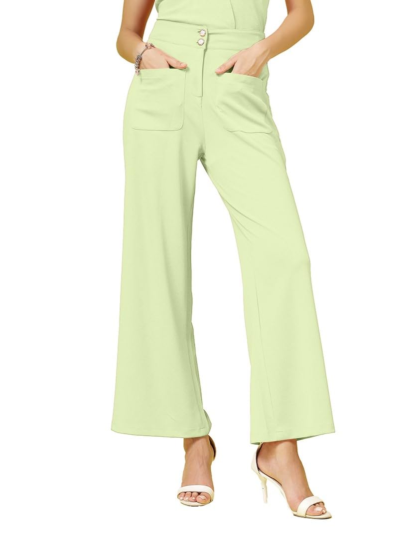 Womens Wide Leg Pants | Solid Green Stretchable Polyester Trousers | Stylish Korean Clothing | Flared, Straight Fit, Baggy, and