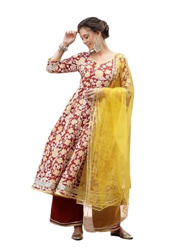 Stylum Women's Floral Printed Cotton Anarkali Kurta Pant & Dupatta Set (KPDRUSTGULABO_Rust)
