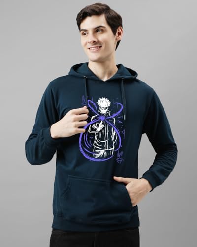 ADRO Men's Printed Hoodie, Teal Blue, Size 36, Model H24-ANI-SB, Cotton Blend, Comfortable Casual Wear