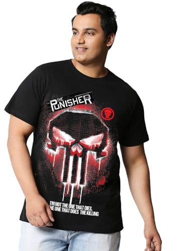 Bewakoof Official Marvel Merchandise Punisher MenS Graphic Print Regular Fit Half Sleeve Round Neck Cotton Plus Size T-Shirt_677