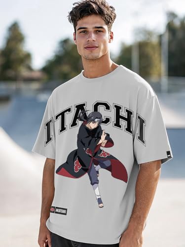 Bewakoof Official Naruto Merchandise Itachi Uchiha Mens Graphic Printed Oversized Fit Half Sleeve Round Neck Cotton Jersey T-Sh
