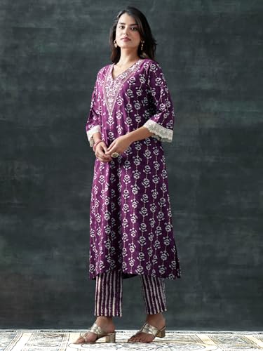 Libas WomenS Cotton Blend Kurta Set (400729_Purple