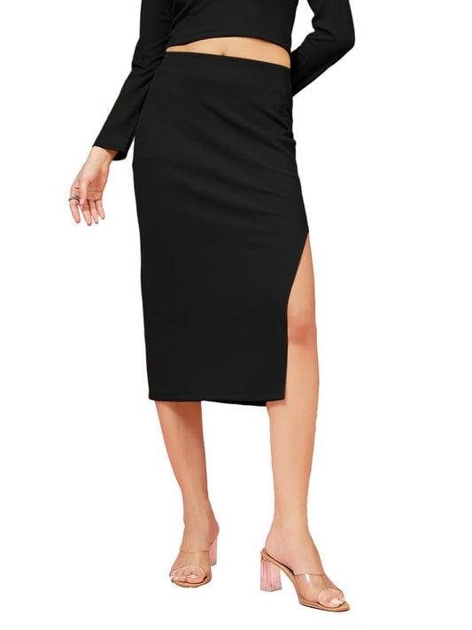 OOMPH! Ribbed Lycra Pencil Skirt with Side Slit for Women Black - msk127