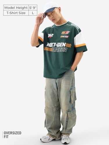 The Souled Store Official Disney: Speed Racer Men And Boys Short Sleeve Round Neck Green Graphic Printed Cotton Oversized T-Shir