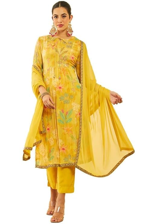 Soch Womens Mustard Crepe Floral Printed Suit Set With Sequins Details