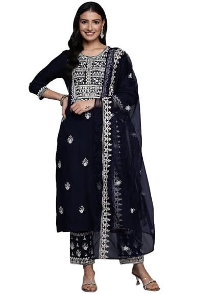Varanga WomenS Navy Blue Round Neck Thread Embroidered Kurta Paired With Bottom And Dupatta
