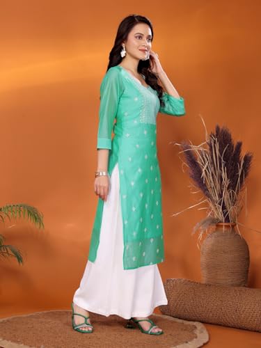 rangita Sea Green Viscose Blend StraightEmbroidered Calf Length Kurti | Kurta for Women