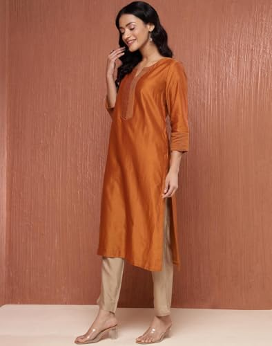 Fabindia WomenS Cotton Silk Embroidered Regular Fit Kurta (1039080Rust_Rust