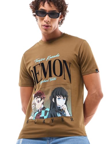 Bewakoof Official Demon Slayer Merchandise Tanjiro Kamado Mens Graphic Printed Regular Fit Half Sleeve Round Neck Cotton Blend 