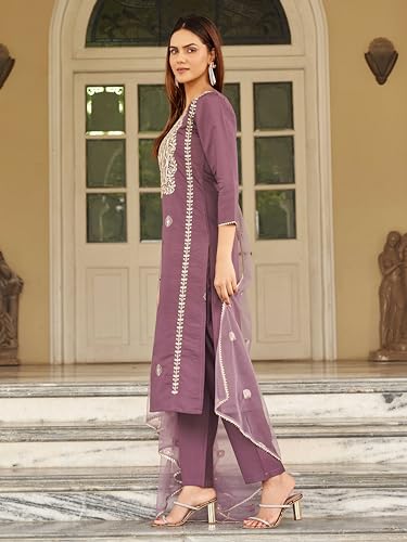Womanista Women's Mauve Embroidery Kurta with net Dupatta & Trouser