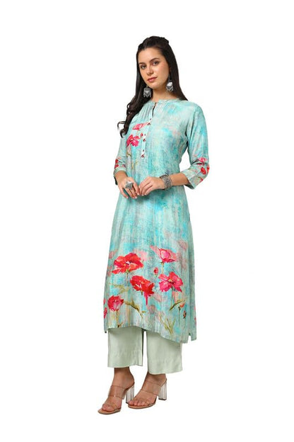 Soch Womens Turquoise Blue Viscose Muslin Floral Print Kurta With Beads