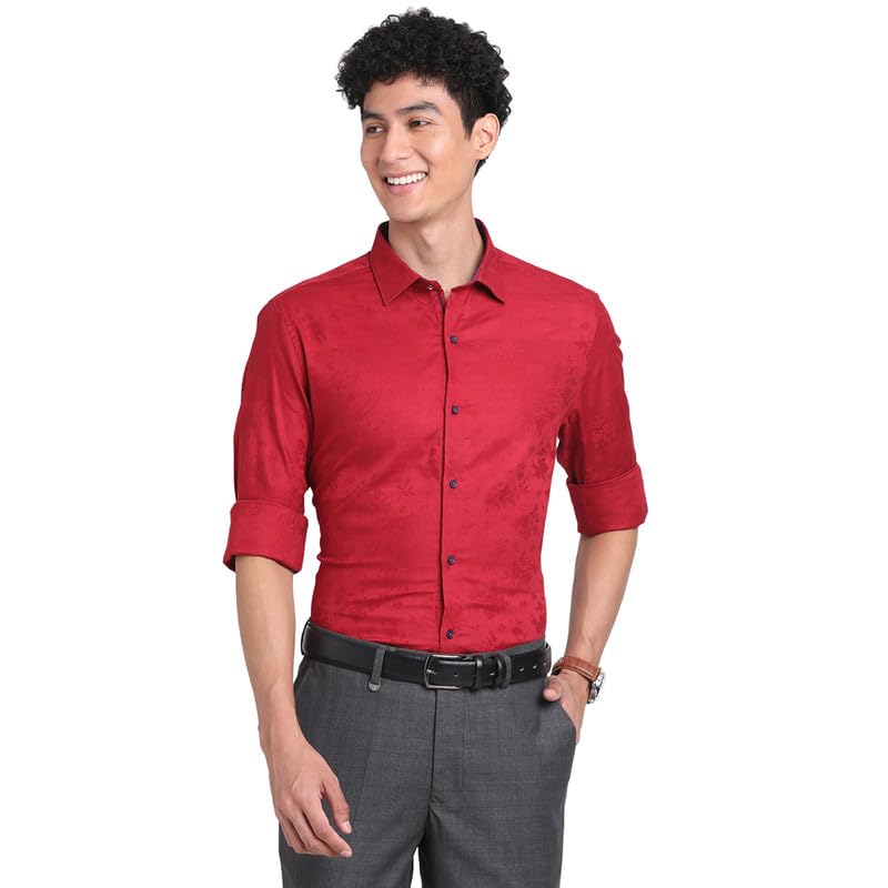 Turtle Men Maroon Cotton Self Design Slim Fit Formal Shirts